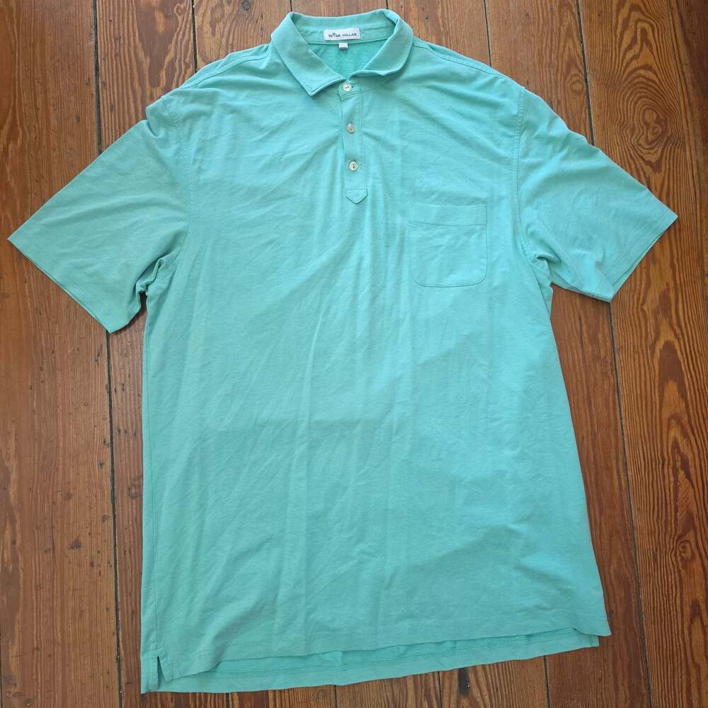 Peter Millar Men’s Large Green Aqua Short Sleeve Pocket Polo Shirt Made in Peru